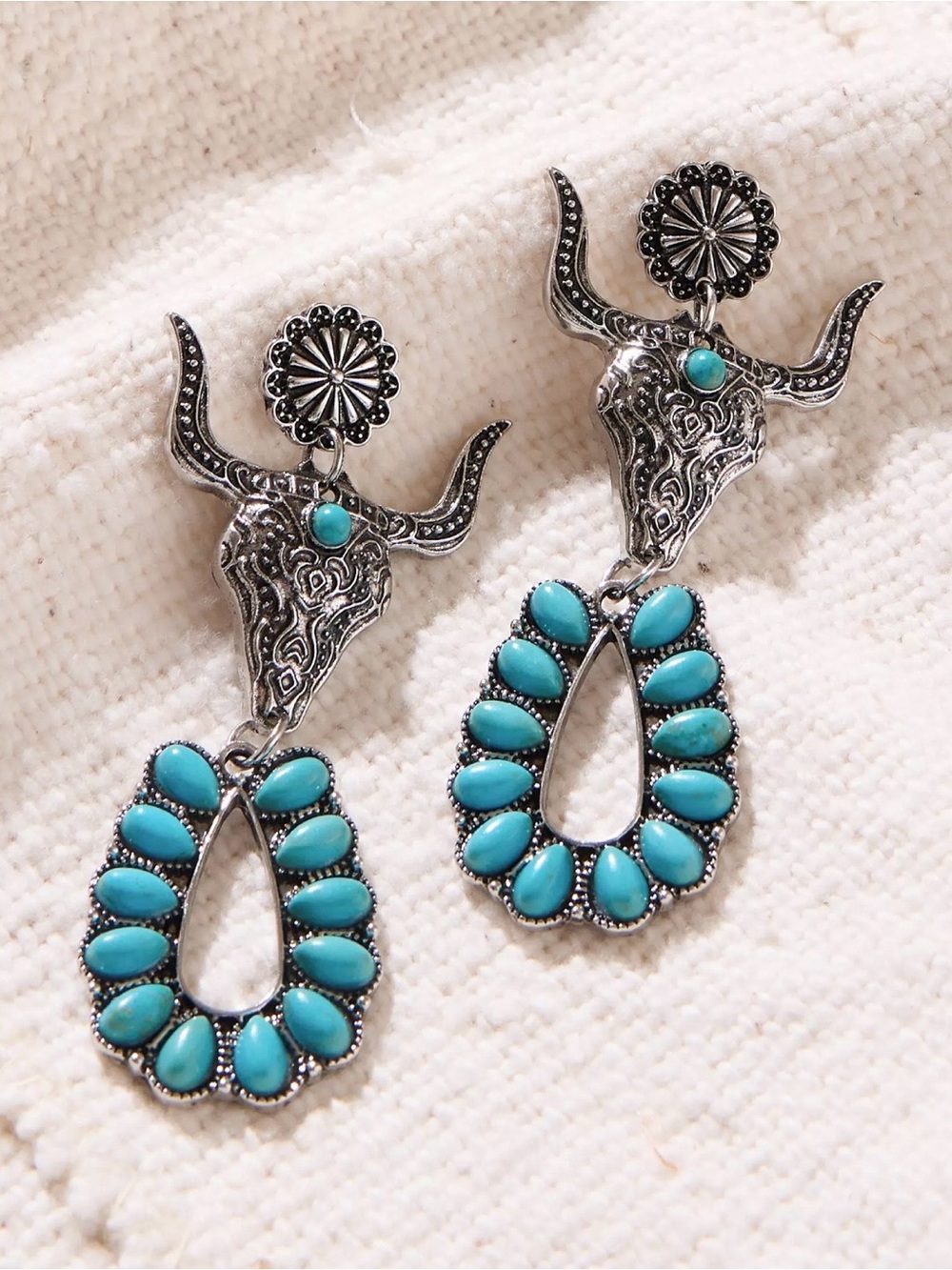 Sterling & Stitch Turquoise Steer Teardrop Dangle Earrings
